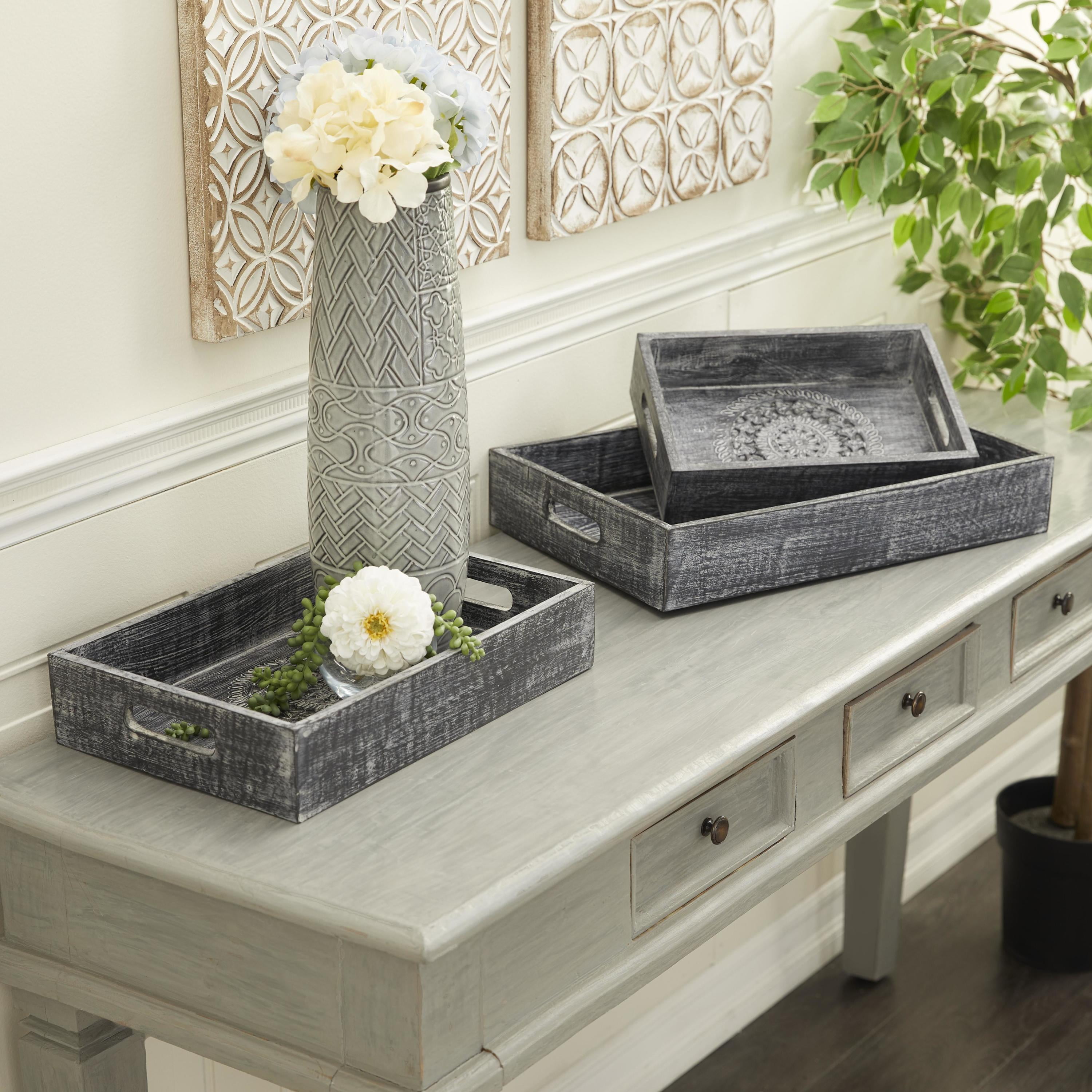 DecMode 12", 15", 18"W Black Wood Intricate Carved Floral Tray, 3-Pieces