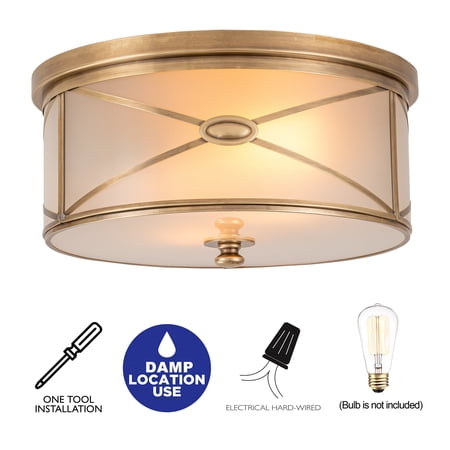 C Cattleya 2-Light Brass Flush Mount with Frosted Glass for Bedroom,Living Room