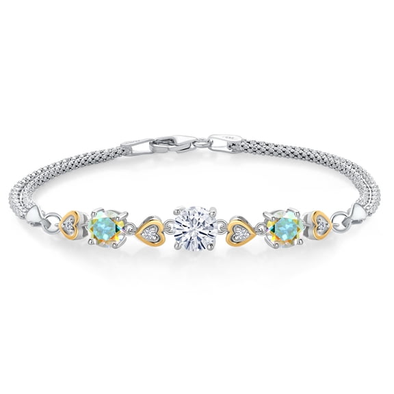 925 Sterling Silver and 10k Yellow Gold White Moissanite Mercury Mist Mystic Topaz and White Lab Grown Diamond Bracelet for Women (3.28 Cttw, Round 7MM and 6MM, 6.5/7/7.5 inch, Made in Italy)