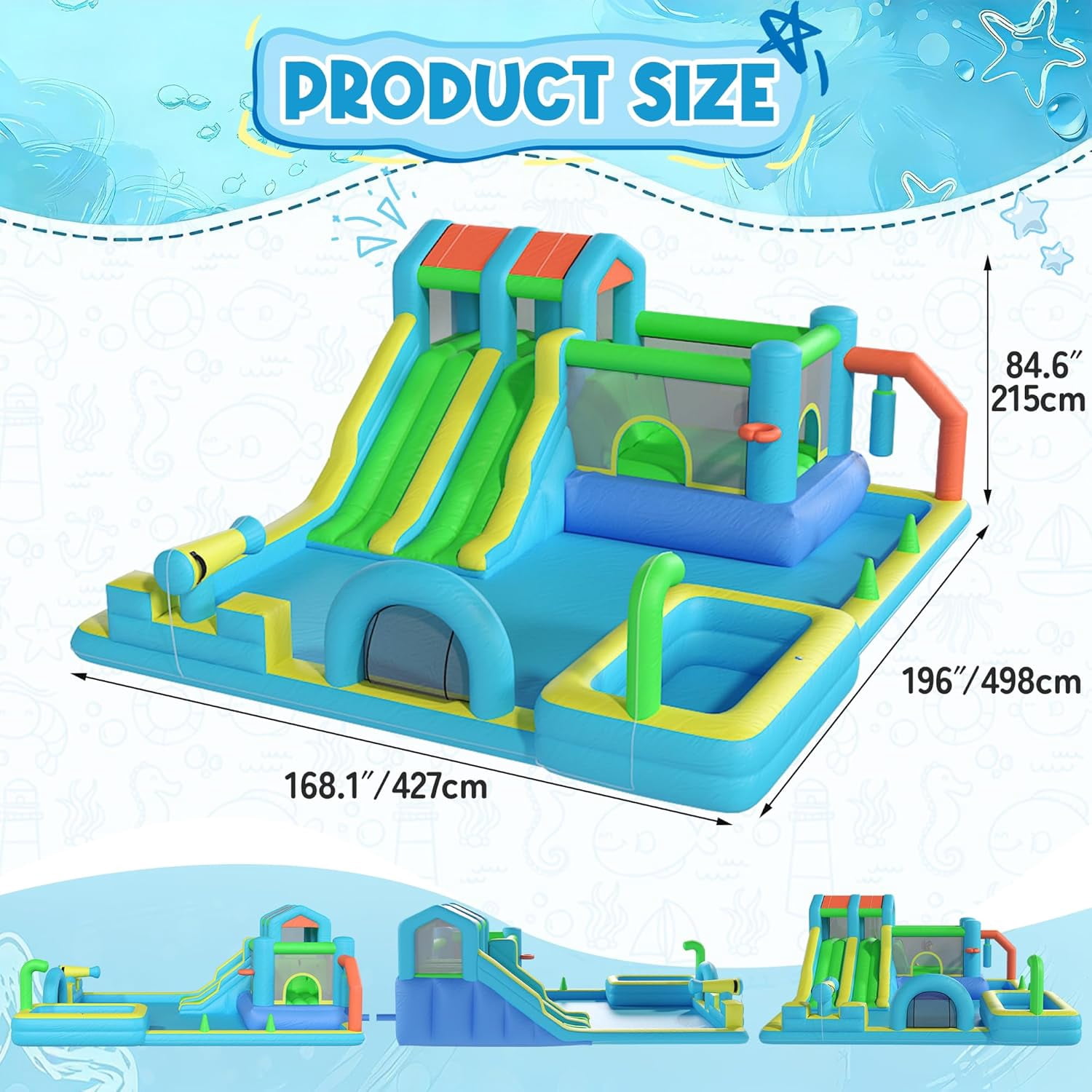 Hommow Inflatable Bounce House Double Water Slide with Blower, Climbing Wall, Water Gun, Splash Pool, Basketball Hoop, Indoor Outdoor Backyard