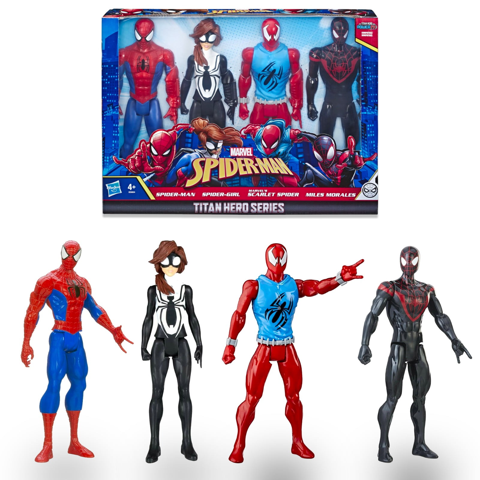 Marvel Spiderman Titan Universe Hero Series (4-Pack), Spider-Man,  Spider-Girl, Miles Morales, and Scarlet Spider Figures 