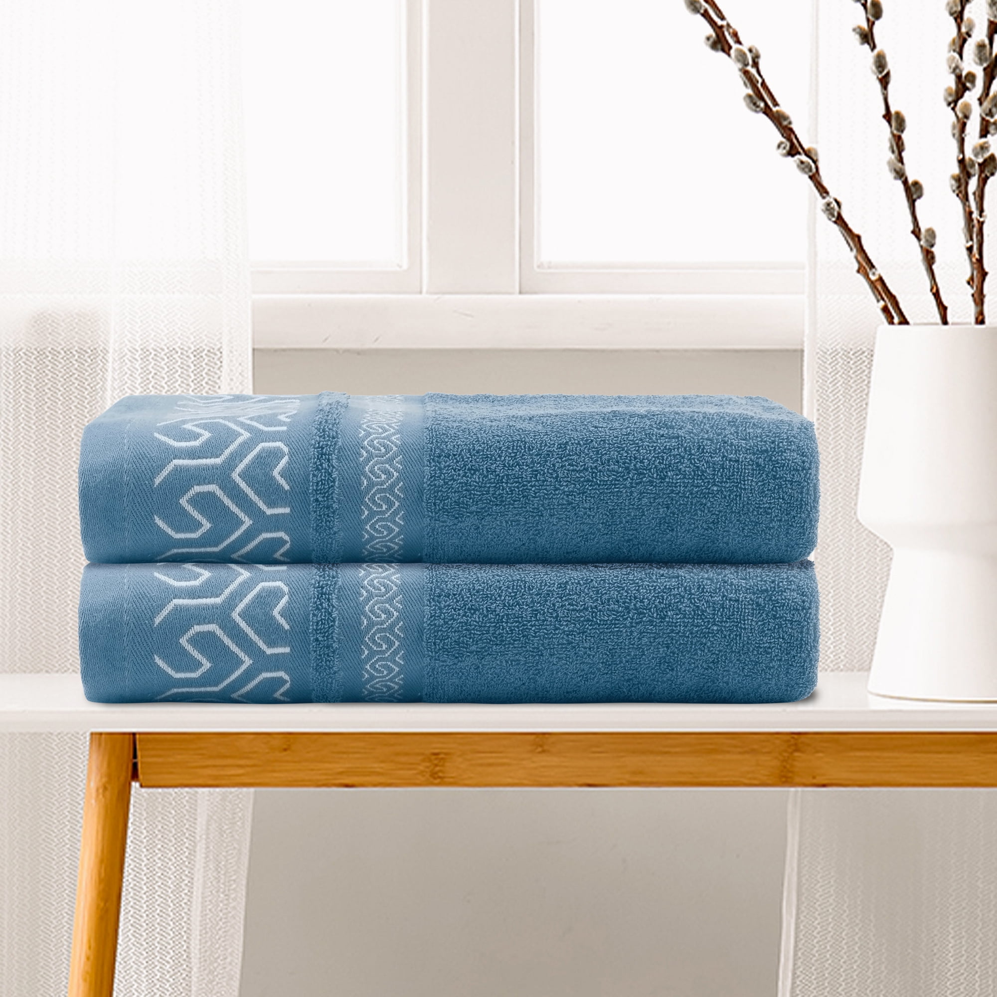 Unique Bargains Cotton Bath Towels Set of 2 Soft Quick Dry Durable Bathroom Towels Blue 28" x 56"