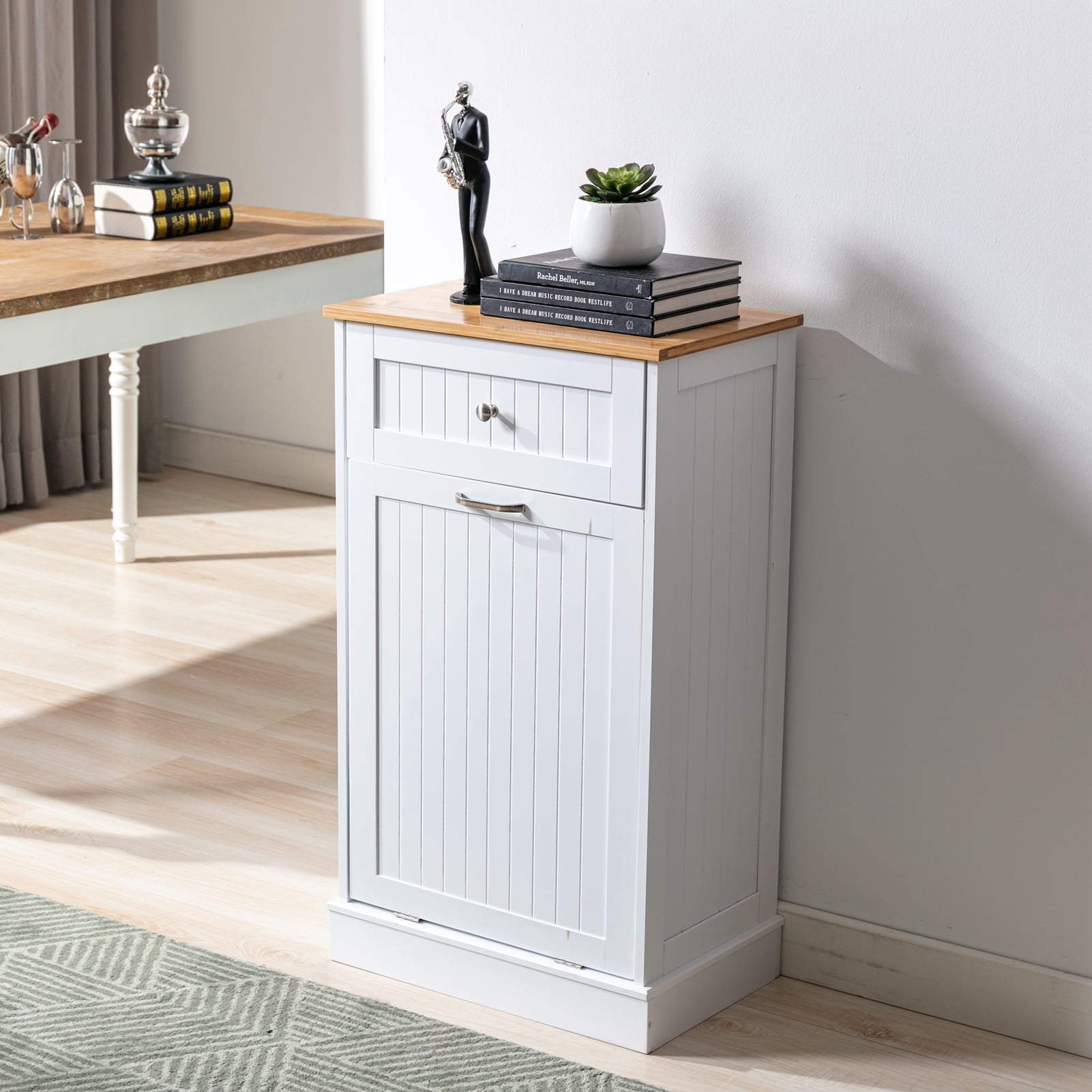 Yaoping Kitchen Trash Cabinet Tilt Out Free Standing Storage Can, Wood Garbage Recycling Station Hideaway Trash Holder Drawers(White-1)