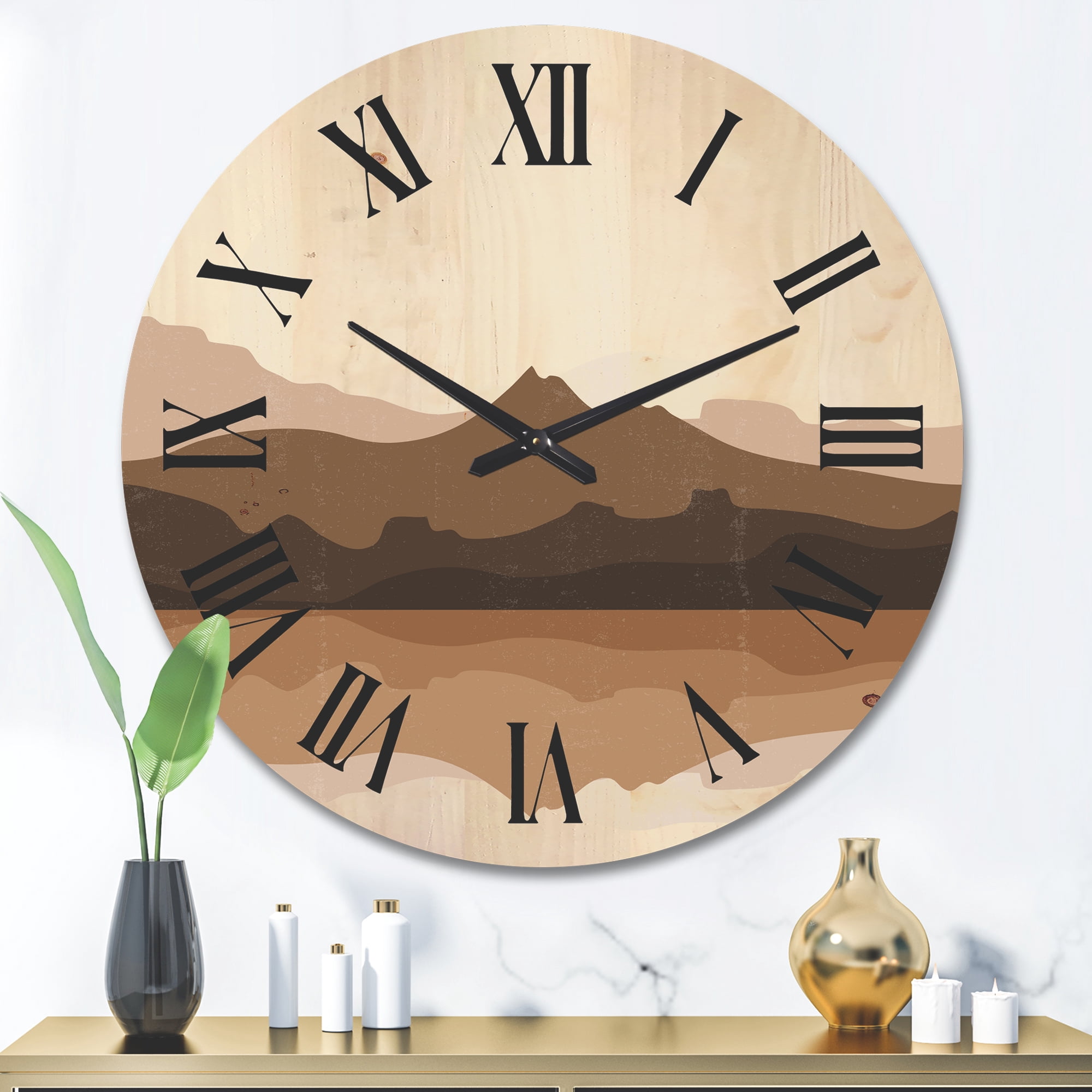 Designart 'Minimalist Brown Terracotta Landscape' Modern Wood Wall Clock