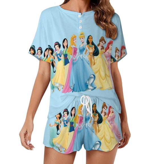 Women Princes Summer Pajamas Set Loungewear Sleepwear Short Sleeve Shirt With Shorts