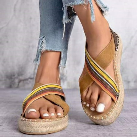 

HIBRO Women s Fashion Canvas Stripe Color Blocking Footwear Straw Knitted Platform Sandals