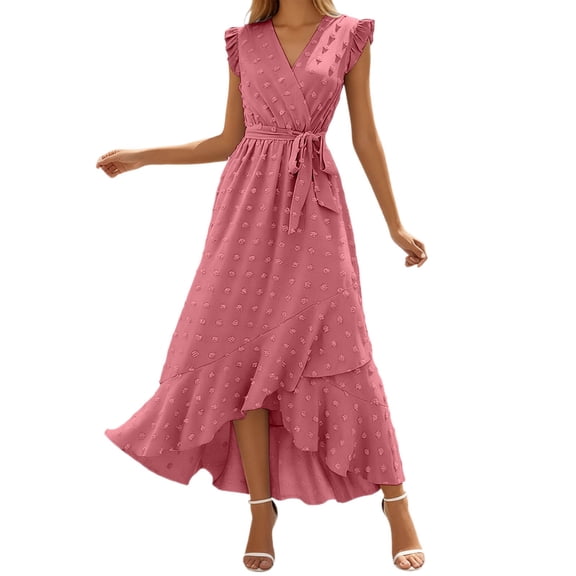 DHFJKG Sleeveless Maxi Dresses For Women Summer Dress Ruffle V Neck Holiday Tie Waist Flowy Irregular Hem Sundress Comfortable Dresses