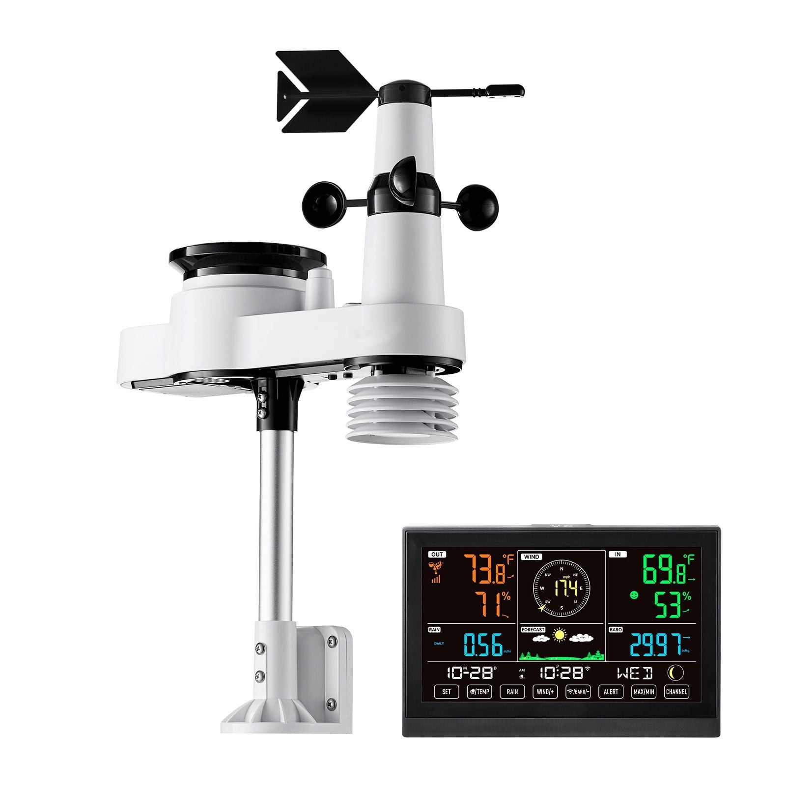 Dranite 5-in-1 Wi-Fi Weather Station with 7.5" VA Display & Solar Sensor - Wireless Monitor for Wind, Rain, Temp, Humidity
