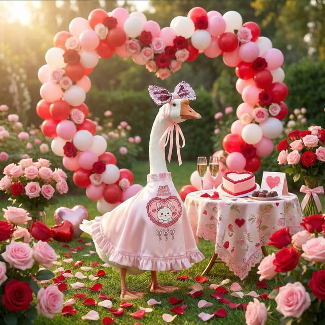 Conjunto de disfraz de ganso de Pascua para San Valentín para estatua de ganso de césped de 58 cm | Vestido y sombrero de poliéster rojo y rosa | Disfraz decorativo para patio y jardín al aire
