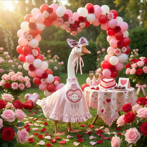 Conjunto de disfraz de ganso de Pascua para San Valentín para estatua de ganso de césped de 58 cm | Vestido y sombrero de poliéster rojo y rosa | Disfraz decorativo para patio y jardín al aire