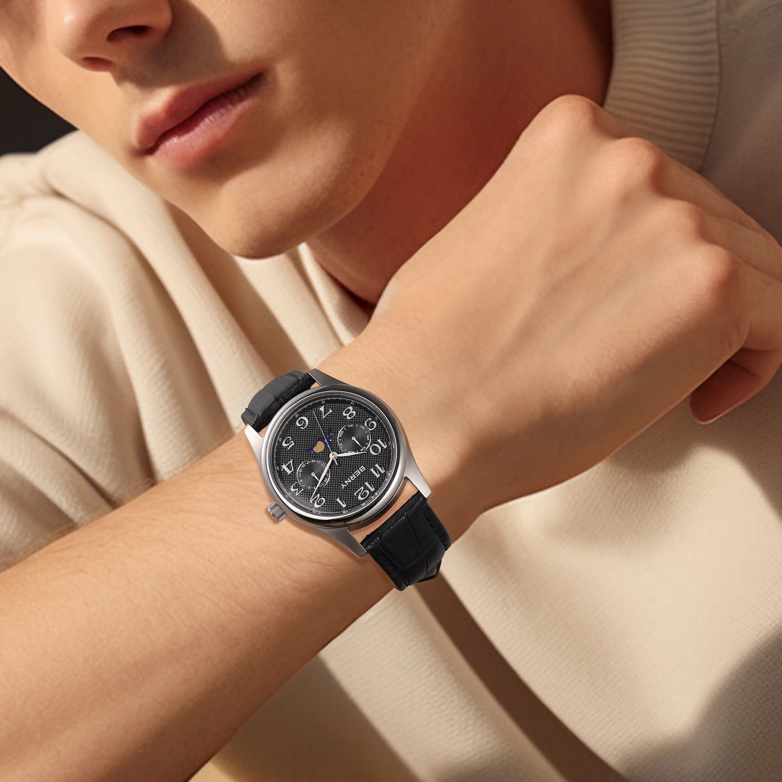 BERNY Dress Watches for Men, MultiFunction Leather Watch with Moon Phase, Day & Date Calendar, Stainless Steel Case, Easy to Read, Waterproof, Classic Analog Quartz Wrist Watch (Black)