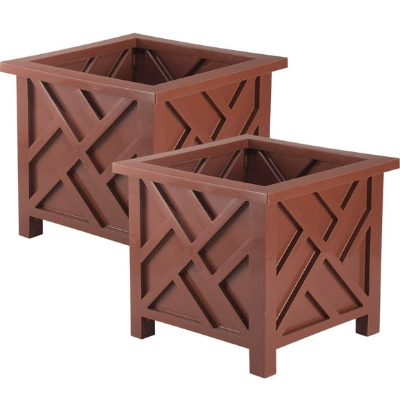 Brown Chippendale-Style Planter Boxes - Set of 2 | Elegant Outdoor Planters | Durable Polypropylene | Lattice Pattern | Tool-Free Assembly | 14.75" and 11.5" Sq. | Holds 22 lbs Each