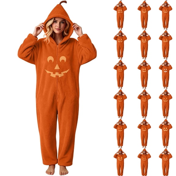 Womens Pumpkin Hooded Onesie Jumpsuit Soft and Comfy Full Zip Halloween One Piece Costume Loungewear Party Outfit