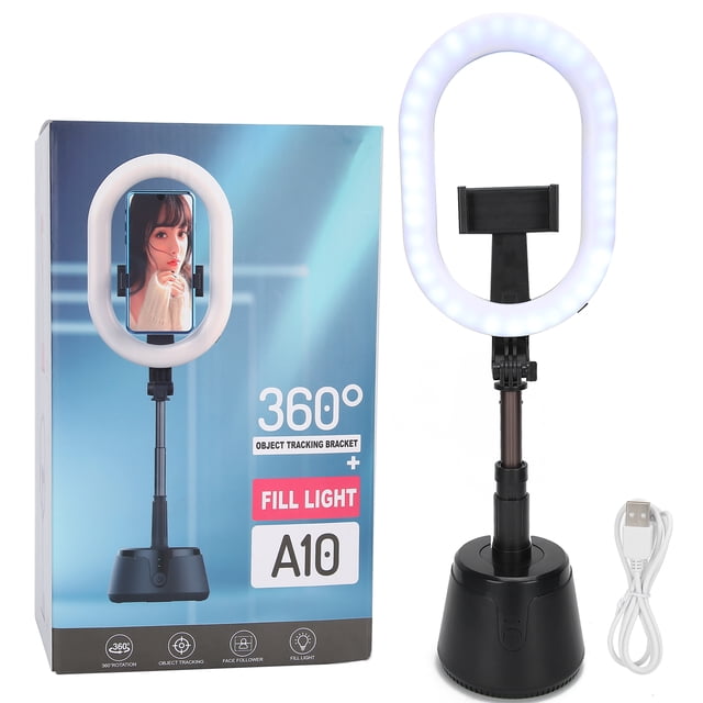 luz de relleno de transmisión en vivo, escritorio, 360 grados, luz led ajustable para fotografía selfie Aro LED ovalado en base de escritorio con clip para teléfono y soporte telescópico; cuerpo en ABS y aleación de aluminio, 58 LEDs (29 cálidos/29 fríos), temperatura 2900K–6500K, control táctil con atenuación continua, cable USB incluido y cabeza giratoria para seguimiento 360°, adecuada para streaming y videollamadas.