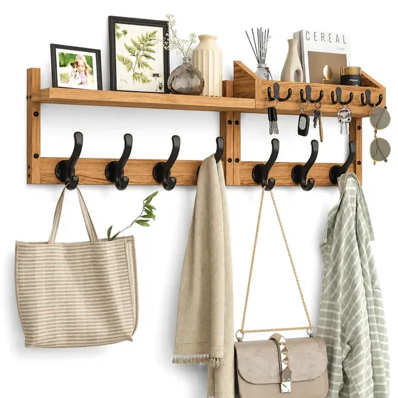 Wall Mount Multi-Purpose Entryway Organizer Rack with Storage Shelf & Multiple Metal Hooks, Farmhouse Style Wall Hanging Caddy for Daily Small Items Storage