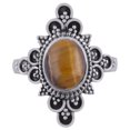 thumbnail image 2 of Natural Tiger Eye 8x10mm Cabochon Oval Shape Gemstone Surrounded By Oxidised Alluring Rawa Work Pattern Handmade 925 Sterling Solid Silver Split Shank Ring For Women, 2 of 2