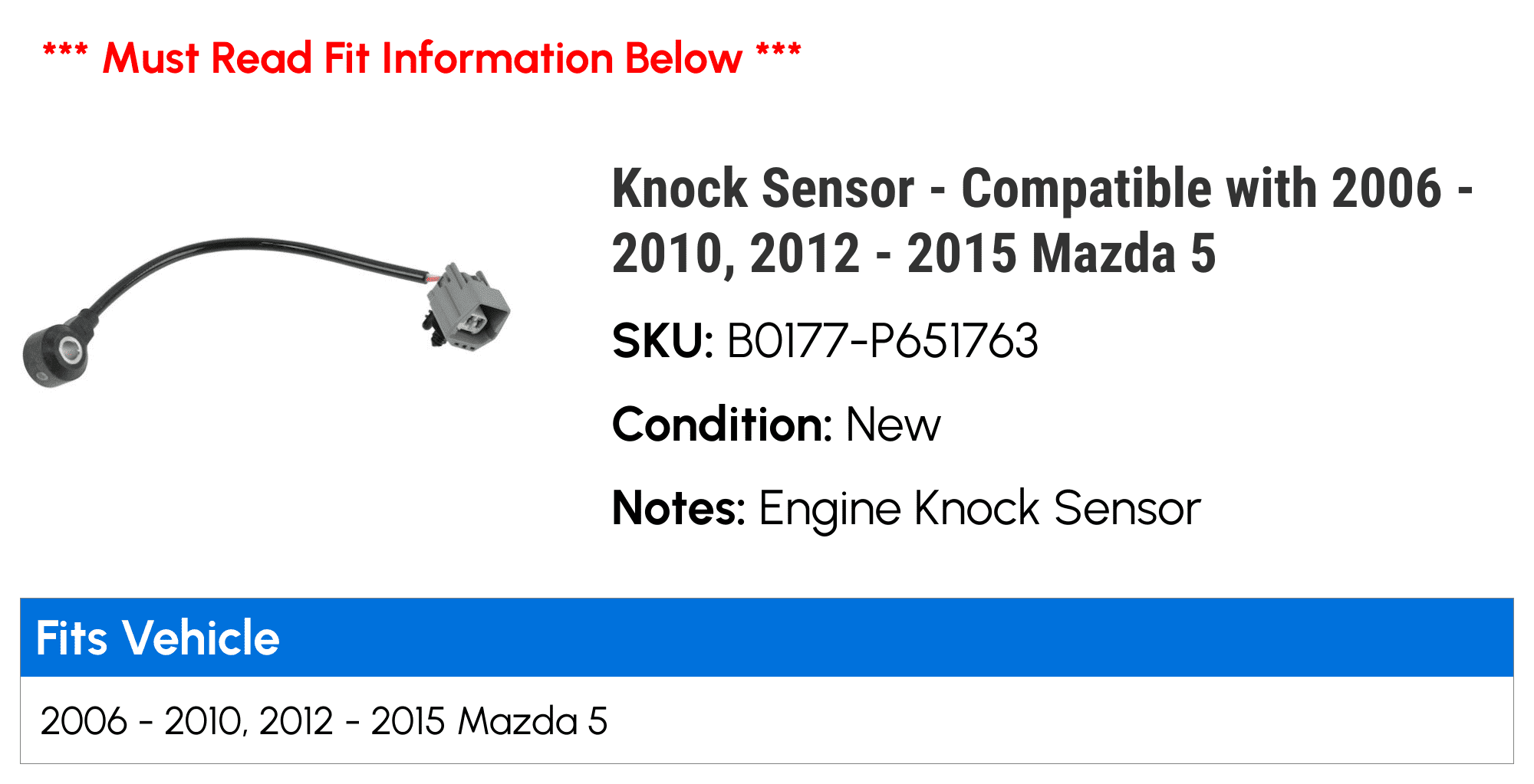 Knock Sensor - Compatible with 2006 - 2010, 2012 - 2015 Mazda 5 2007 2008 2009 2013 2014