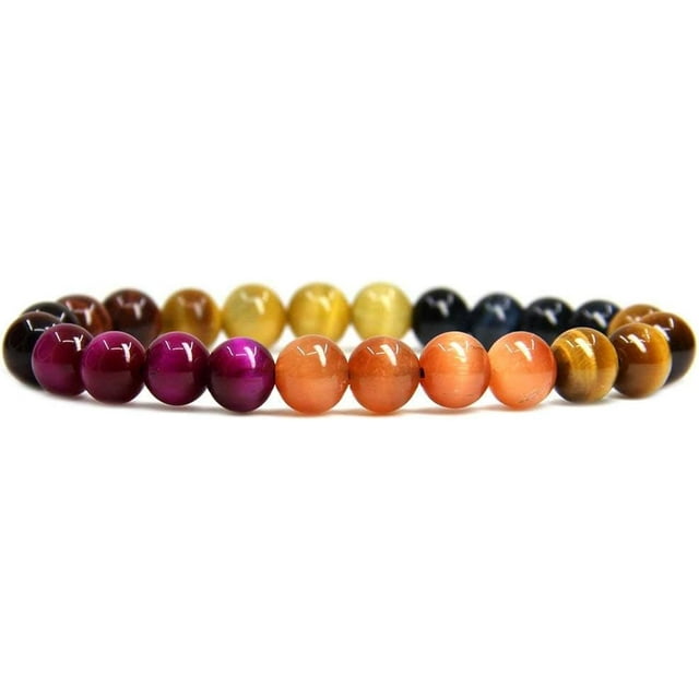 Bracelet Extensible en Perles Rondes de 8 mm en Oeil de Tigre Multicolore Naturel de Qualité AA 7 Pouces Unisexe