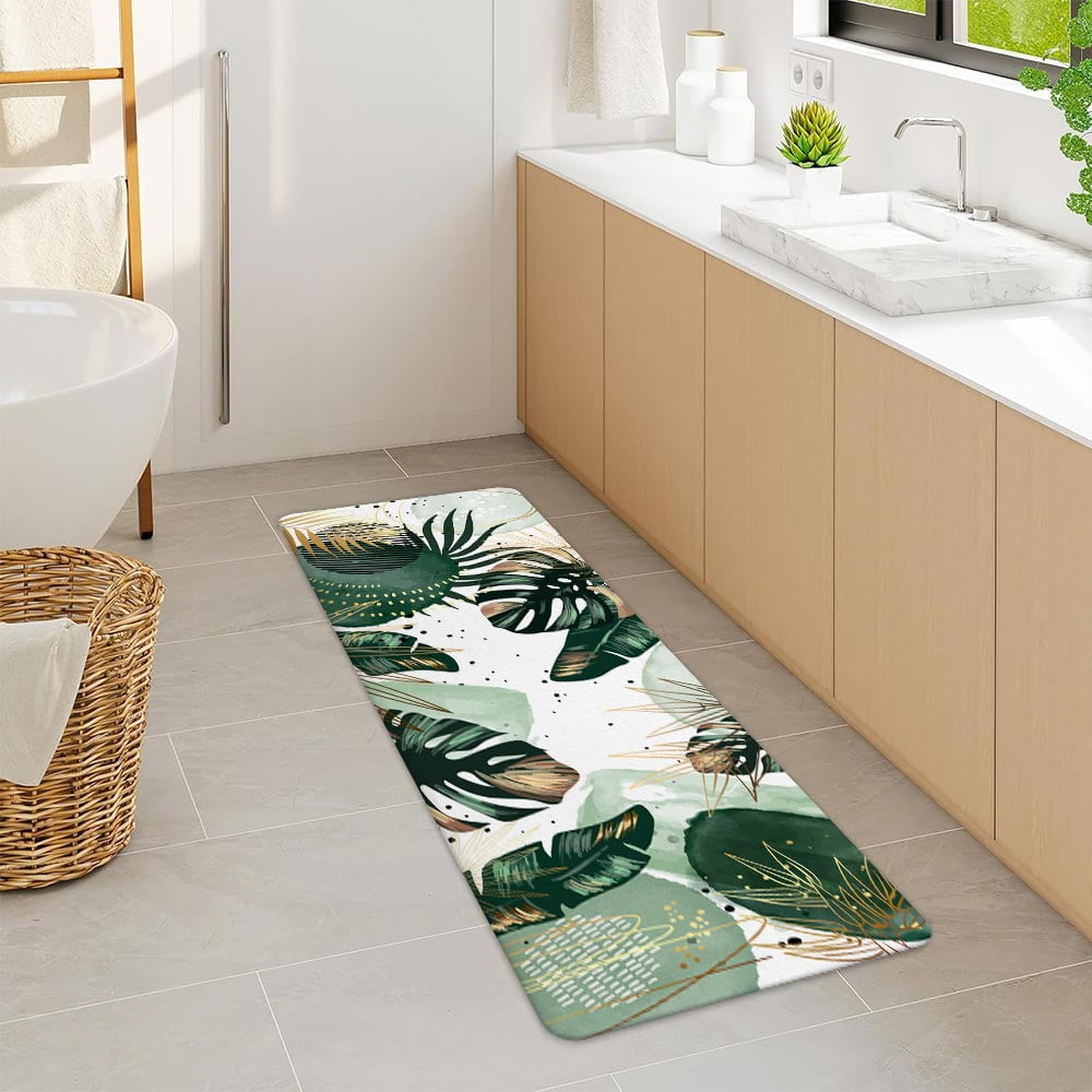 Green Chic Abstract Bath Mat for Bathroom, Boho Green Gold Leaves Tropical Watercolor Minimalist Modern Floor Rugs Mats Non Slip Bathroom Decor Accessories 16X48 Inches Kitchen Bedroom Indoor