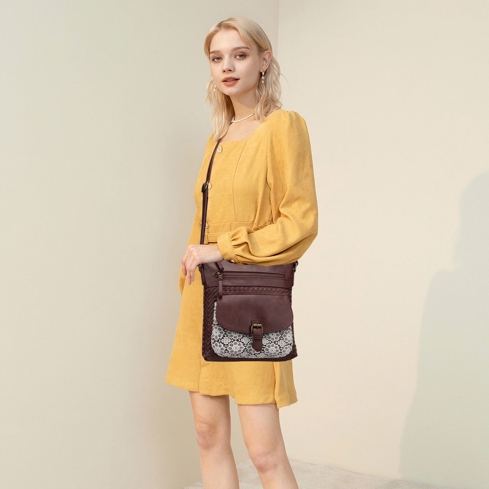 KouLi Buir Large Crossbody Bags for Women Straw Weaving Design PU Leather Shoulder Handbags