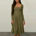 thumbnail image 3 of VBVC Women's Square Neck Midi Dress,Ladies Long Sleeve Flared A-Line Dress,Stretchy Party Dress For Women,Army Green,S-2XL, 3 of 6