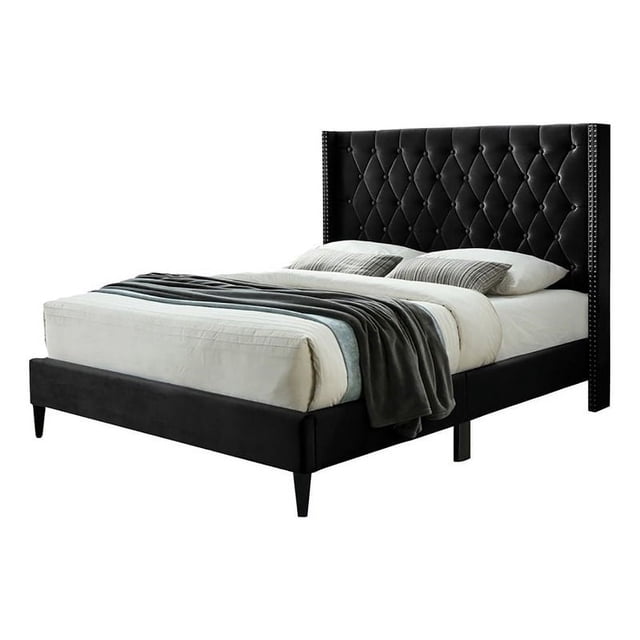 Pemberly Row Lit Plateforme Moderne en Velours Peluche Capitonné Noir