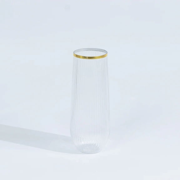 12 Clear 9 oz Disposable Plastic Champagne Stemless Flutes with Gold Rim Party Tableware