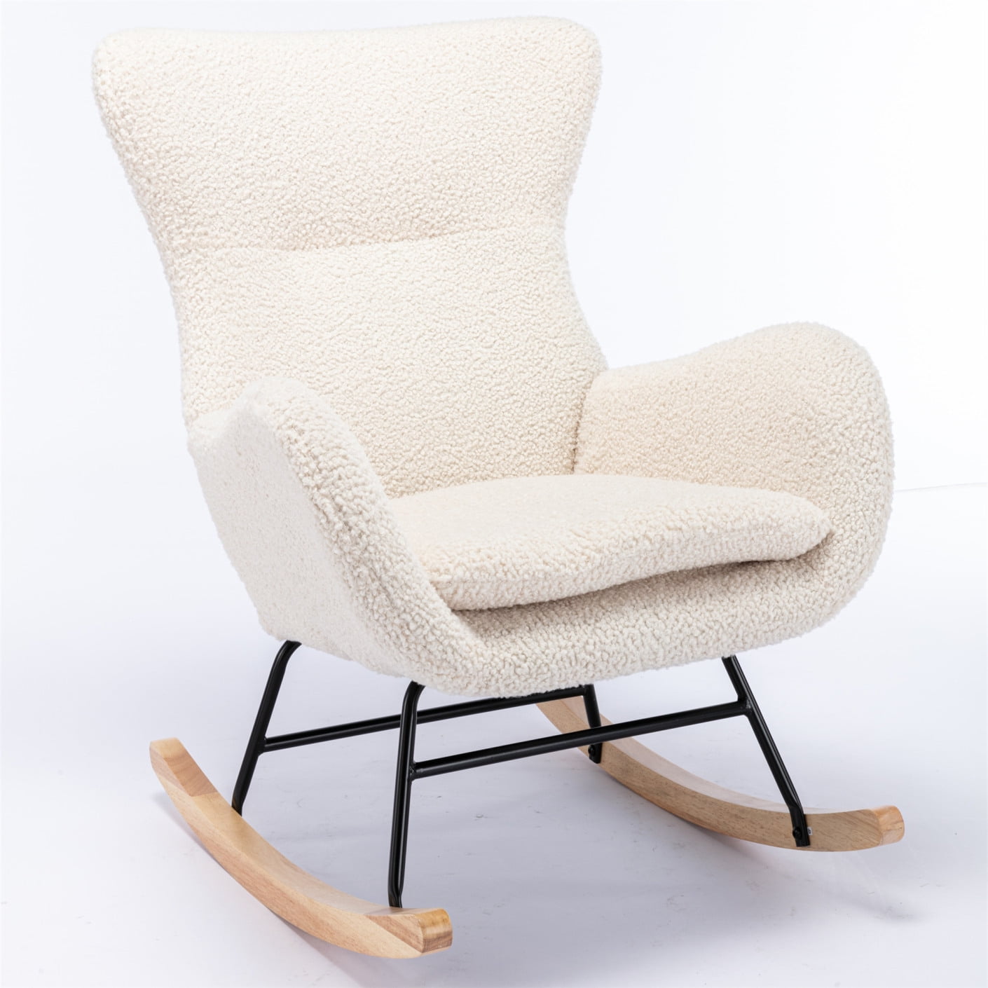 Nursery Rocking Chairs, Teddy Fabric Upholstered Glider Rocker with High Backrest and Armrests for Bedroom Living Room Offices (Beige)