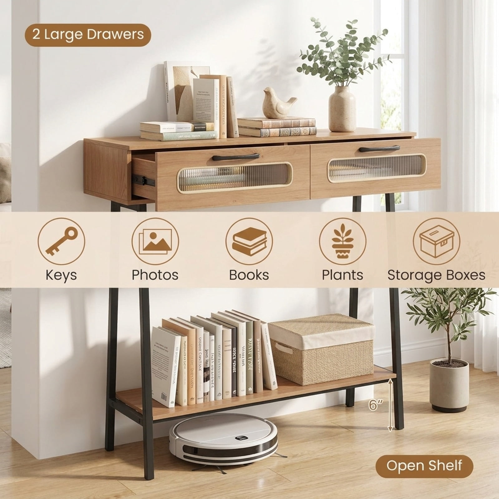 Furnibear Console Table with LED Lights and Open Shelf Entryway Table with 2 Drawers for Living Room Hallway Entrance Sofa, Natural