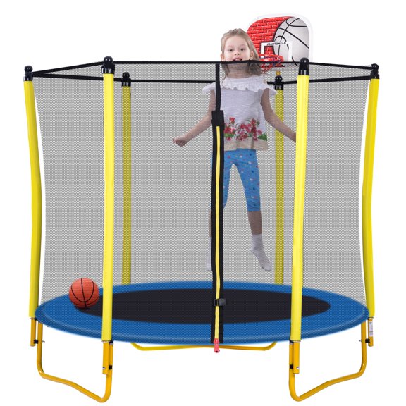 5.5FT Toddler Trampoline with Basketball Hoop, SHINPT Mini Trampoline for Kids, 65" Outdoor/Indoor Trampoline with Enclosure Net, Recreational Trampoline for Patio, Backyard, Garden, Lawn, Yard