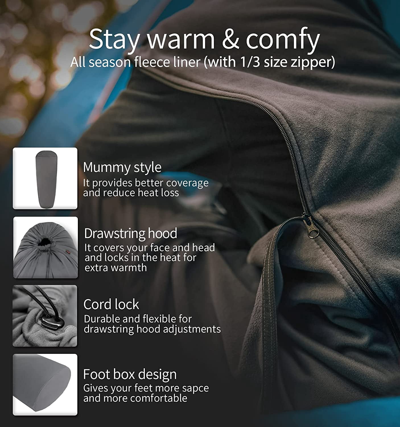 Litume Fleece Sleeping Bag Liner with Zipper – Lightweight All-Season Mummy Sack for Cold Weather Camping, Winter Hiking & Travel (E630)