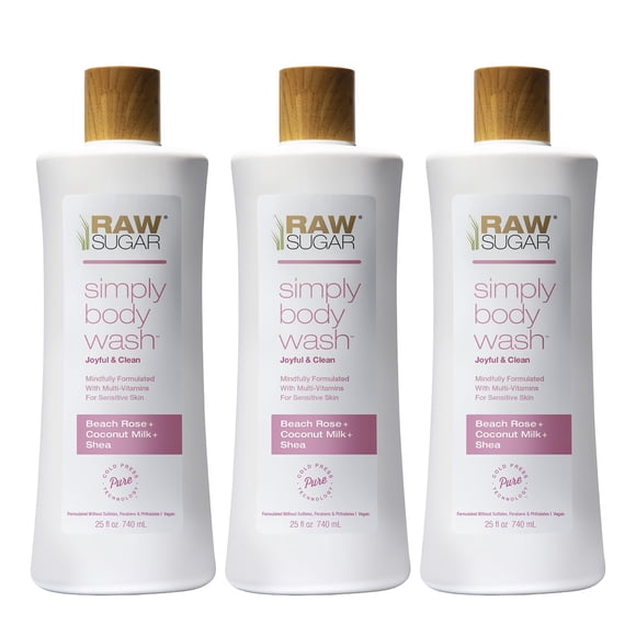 AZÚCAR CRUDO Simply Body Wash Beach Rose + Leche de Coco + Karité (25 Fl Oz Paquete de 3) Jabón de baño para piel sensible formulado sin sulfatos ni parabenos