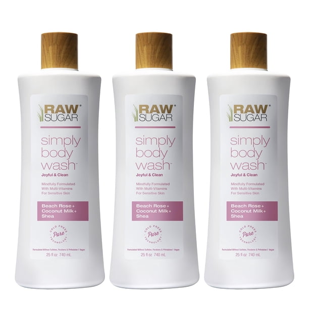 AZÚCAR CRUDO Simply Body Wash Beach Rose + Leche de Coco + Karité (25 Fl Oz Paquete de 3) Jabón de baño para piel sensible formulado sin sulfatos ni parabenos