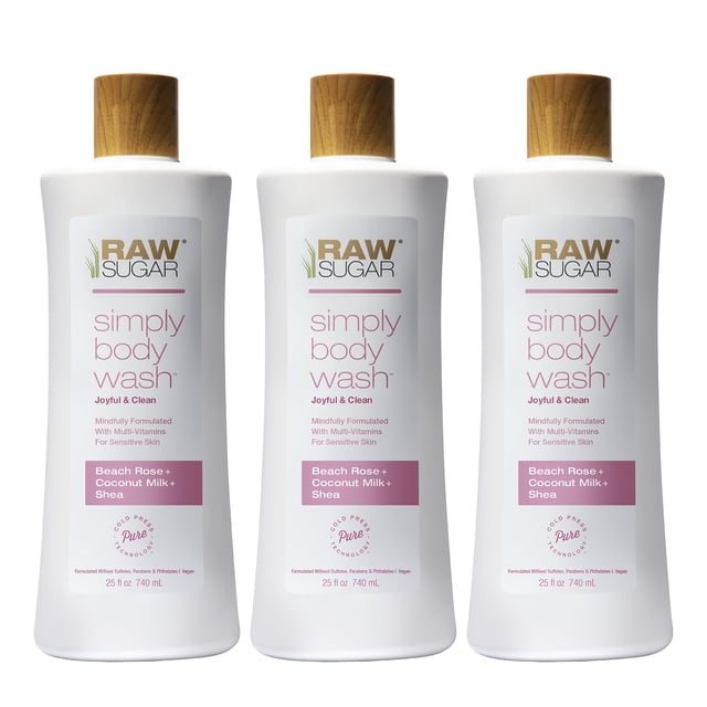 AZÚCAR CRUDO Simply Body Wash Beach Rose + Leche de Coco + Karité (25 Fl Oz Paquete de 3) Jabón de baño para piel sensible formulado sin sulfatos ni parabenos