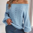 thumbnail image 2 of Lovskoo 2024 Sweaters for Women Long Sleeve Solid Hollow Out Off Shoulder Lantern Sleeve Sweater Blue, 2 of 8