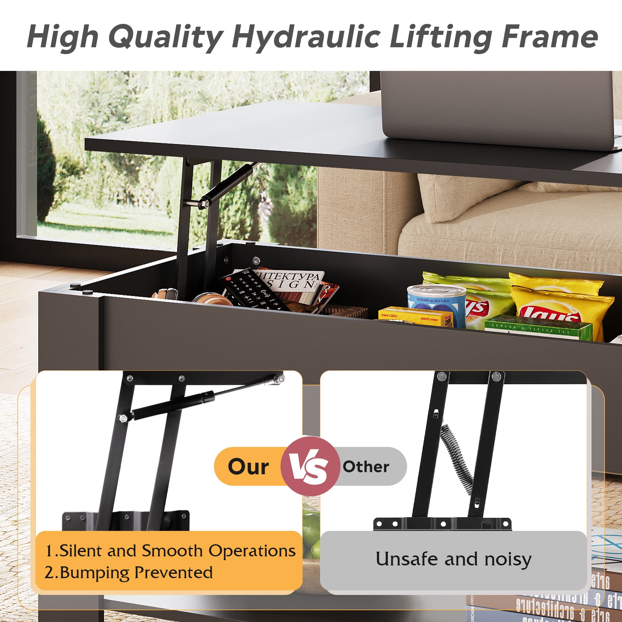 GALAXHERO 39" Lift Top Coffee Table with Storage Shelf & Hidden Compartment and Lifting Top for Home Living Room Office and Reception Room Black