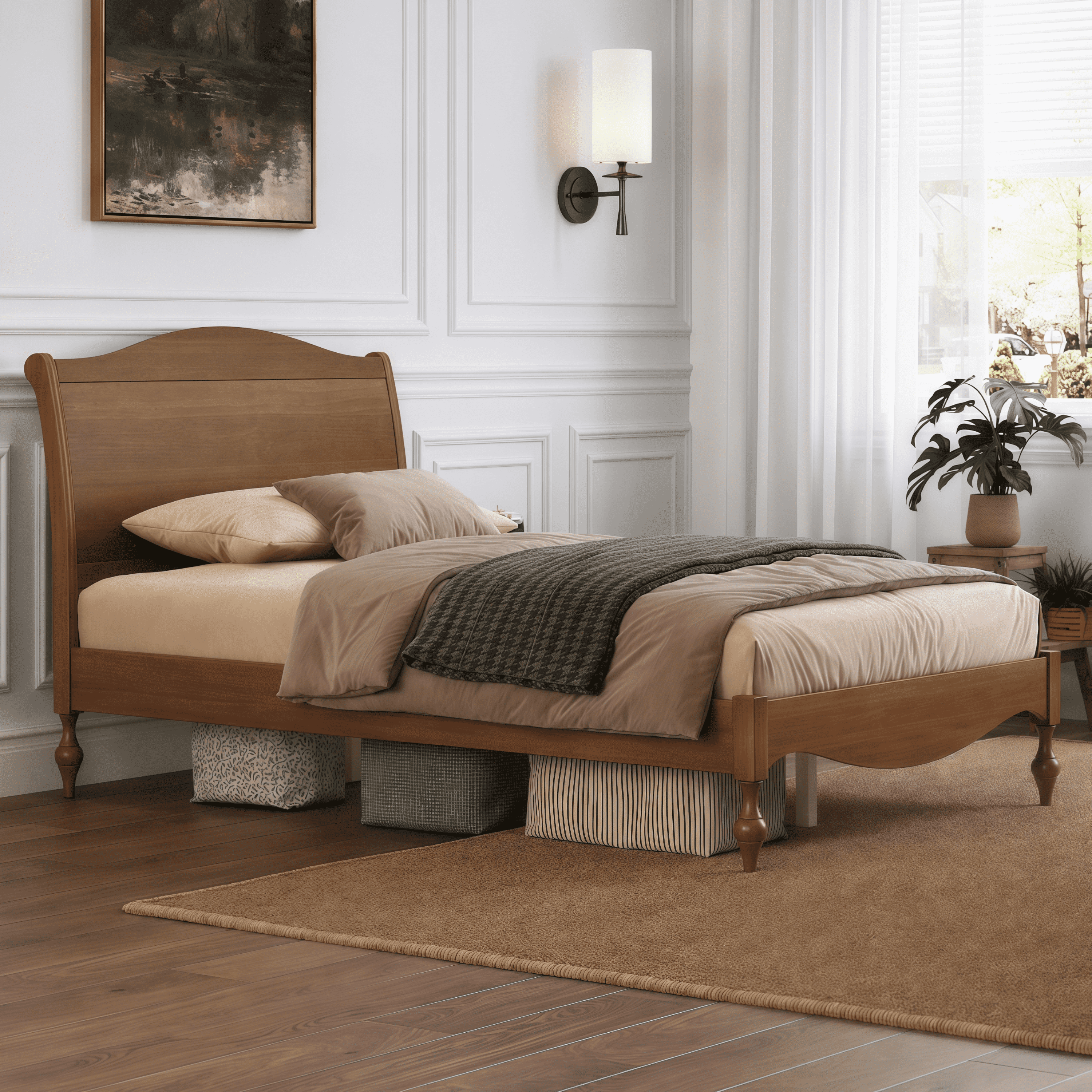 Euroco Wood Full Size Platform Bed with Traditional Arched Headboard, Vintage Bed Frame, No Box Spring Needed, Light Walnut