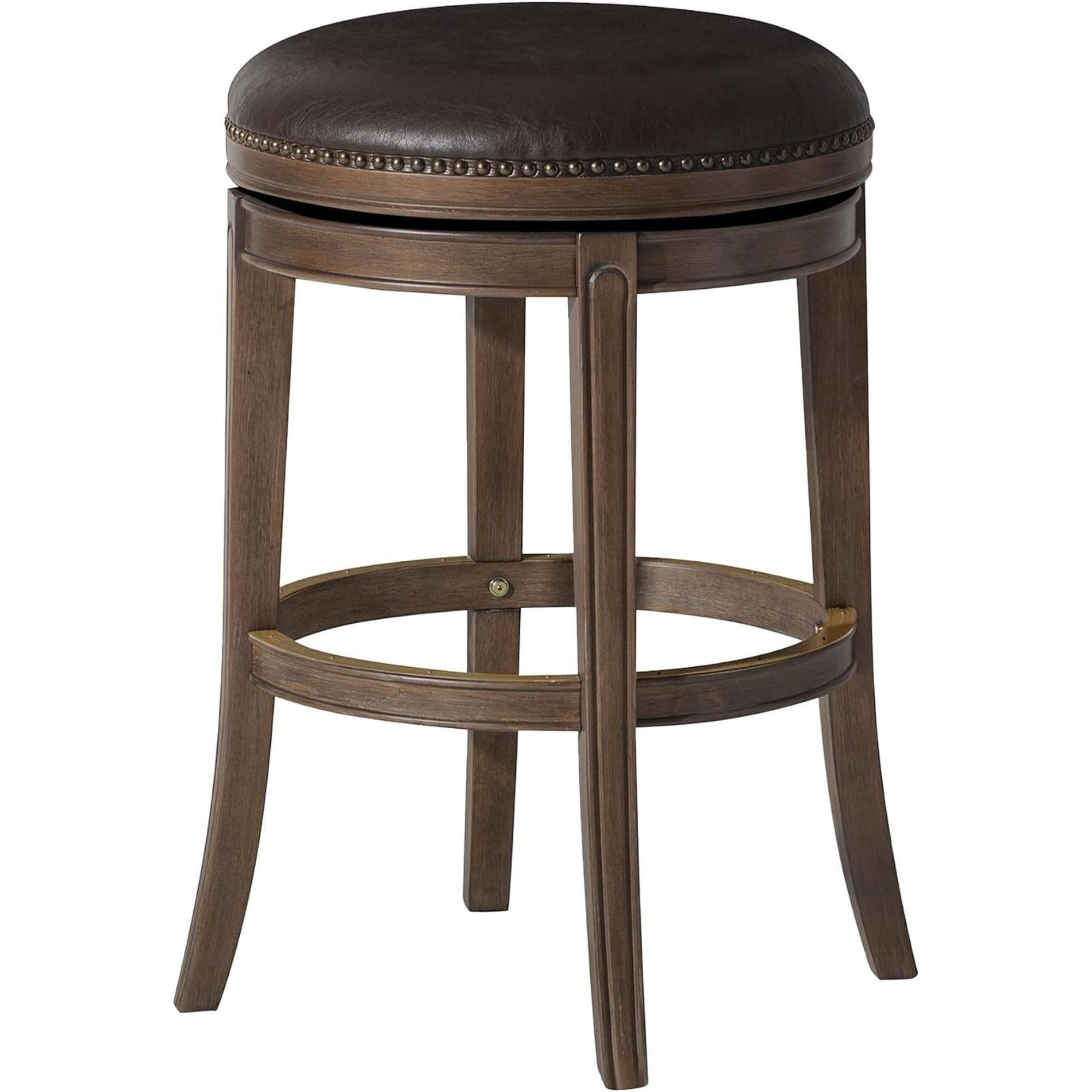 Maven Lane Alexander Backless Bar Stool 31 Inches Swivel Stool with Footrest Brown Solid Wood and Beige Faux Upholstery Ideal for Bars, Pubs, and Tall Kitchen Counters