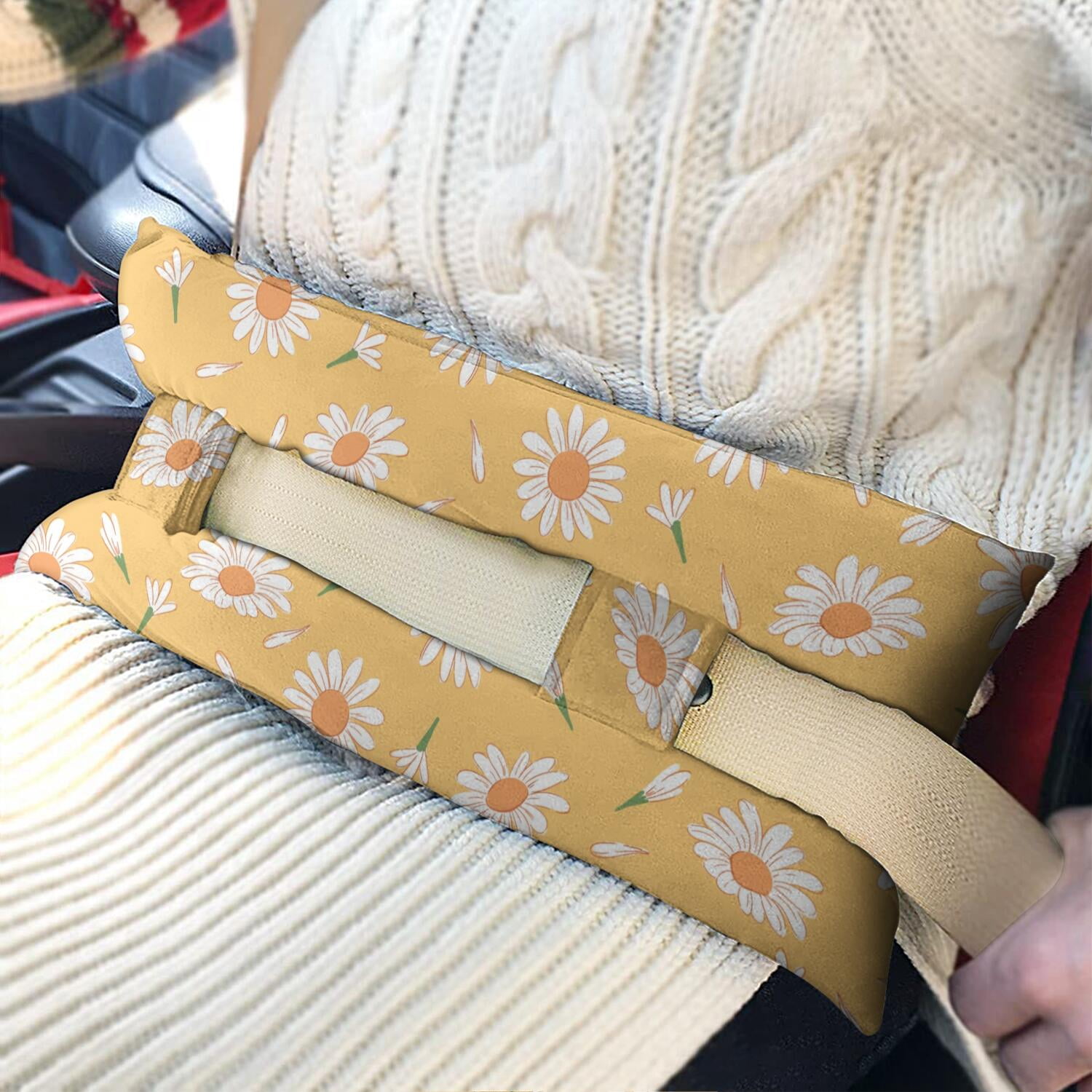 Boho Daisy Aesthetic Seat Belt Pillow - Retro Floral Chest Protector After Surgery - Soft Yellow Daisy Print Cushion for Women