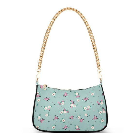 White and Pink Flower Floral on Blue Womens Chain Shoulder Bag Tote Handbag Clutch Hobo Purse with Zipper for Travel Casual