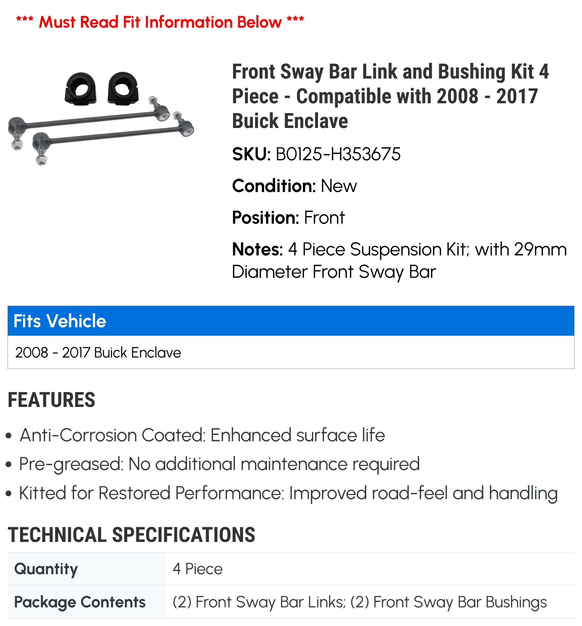 Front Sway Bar Link and Bushing Kit 4 Piece - Compatible with 2008 - 2017 Buick Enclave 2009 2010 2011 2012 2013 2014 2015 2016