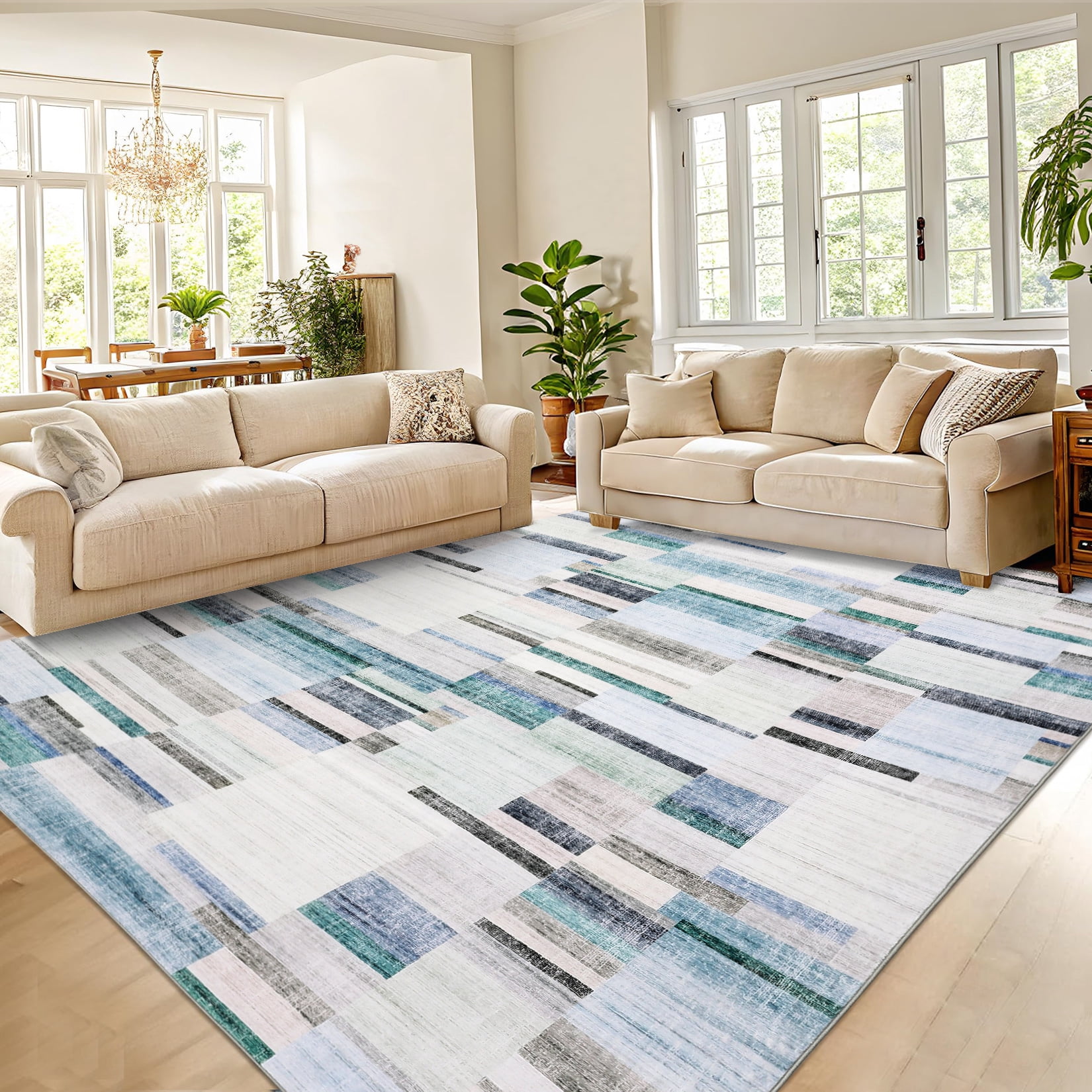 Amkui Washable Rug 9x12 Area Rugs for Living Room Modern Geometric Bedroom Rug Soft Non-Skid Indoor Large Throw Rugs Stain Resistant Carpet for Dining Room