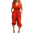 thumbnail image 2 of Lilgiuy Women Summer Fashion Solid Pocket Bandage V-Neck Slim Jumpsuits All Around Tummy Control Pants, 2 of 5