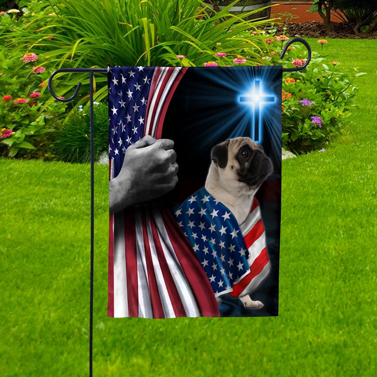 Hand Pulling USA Flag Pug Dog Wearing Flag American Standing under Cross Christian Patriotic House Flag (3x5) Double Sided- Premium Polyester-Decorative Indoor Outdoor Flag