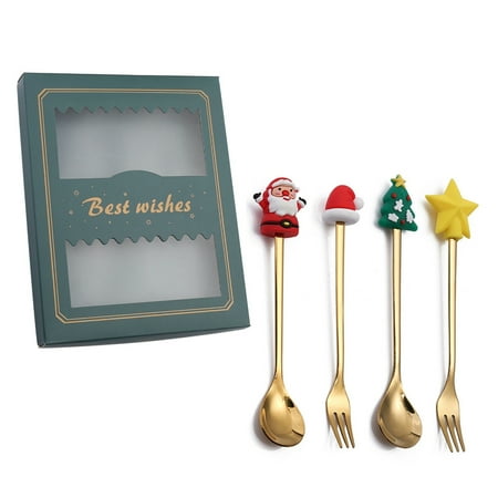 

4pcs/set Christmas Spoons Forks with Gift Box Stainless Steel Stirring Spoon Coffee Spoon with Christmas Pendant Decor