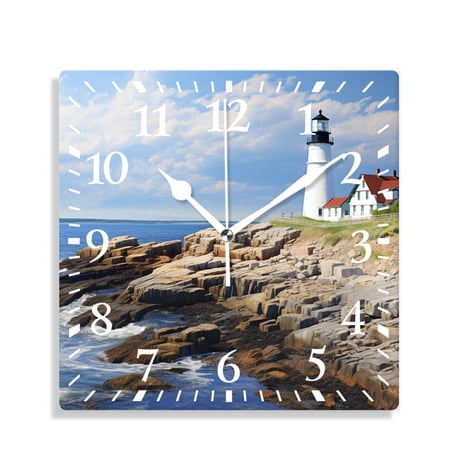 14 Inch Wall Clock Battery Operated Silent Clock Decorative for Office, Kitchen, Outdoor, Living Room，Lighthouse During a Sunny Summer Day