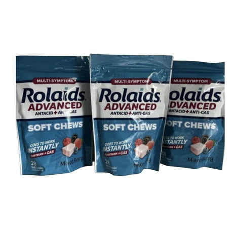 Rolaids Advanced Antacid Plus Anti-Gas Softchews, 28 Count, Mixed Berry, Heartburn and Gas Relief (3 packs)
