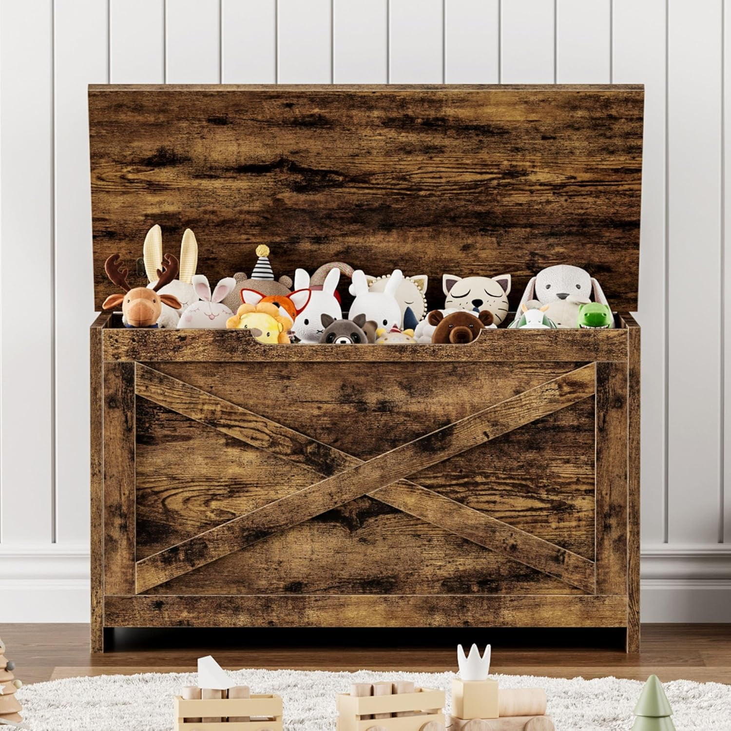 Garvee Wooden Storage Chest, 30"x15.78"x17.7", Safety Hinge Toy Box, Large Storage Bench for Entryway, Bedroom & Living Room, Rustic Brown