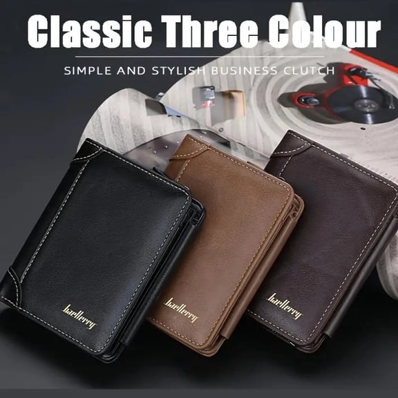Men Wallet Tri-fold Wallet Genuine Leather Card Holder with 12 Card Slots Coin Bag Black