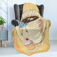thumbnail image 4 of Dessert Soft Flannel Fleece Blanket, Retro Dressed Lady Sitting on a Gigantic Coffee Mug and Sipping Coffee, Cozy Plush for Indoor and Outdoor Use, 70" x 90", Apricot and Multicolor, by Ambesonne, 4 of 5
